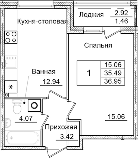 1-комнатная квартира 36.95 м², 1/9 эт., ЖК «Квартал Заречье»